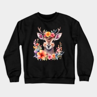 A baby deer decorated with beautiful watercolor flowers Crewneck Sweatshirt